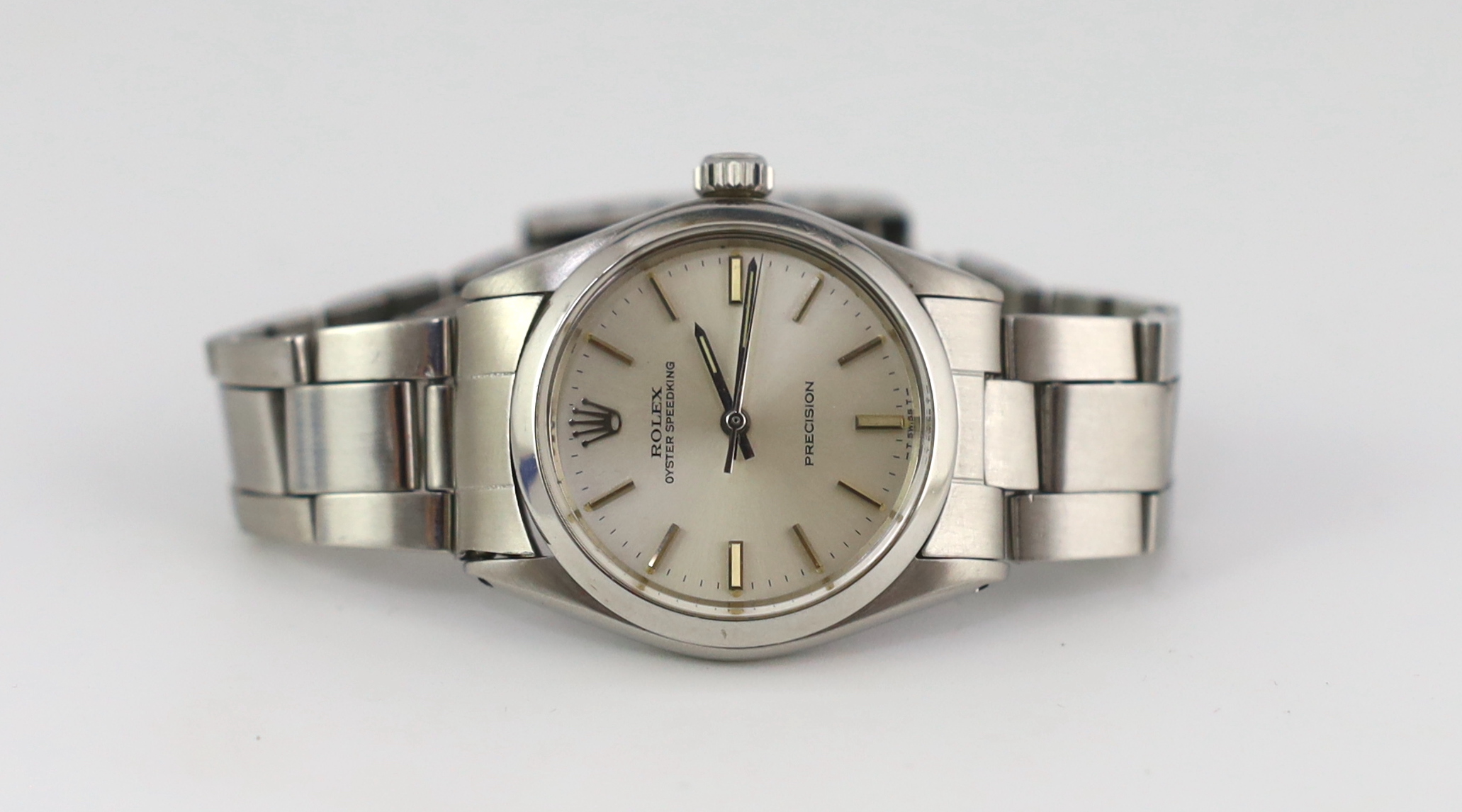 A gentleman's early 1970's stainless steel mid-size Rolex Oyster Speedking precision wrist watch, on a stainless steel Rolex bracelet